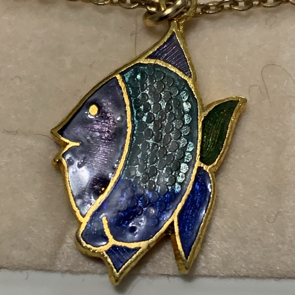 NEW Cloisonné Angelfish necklace blue purple gold